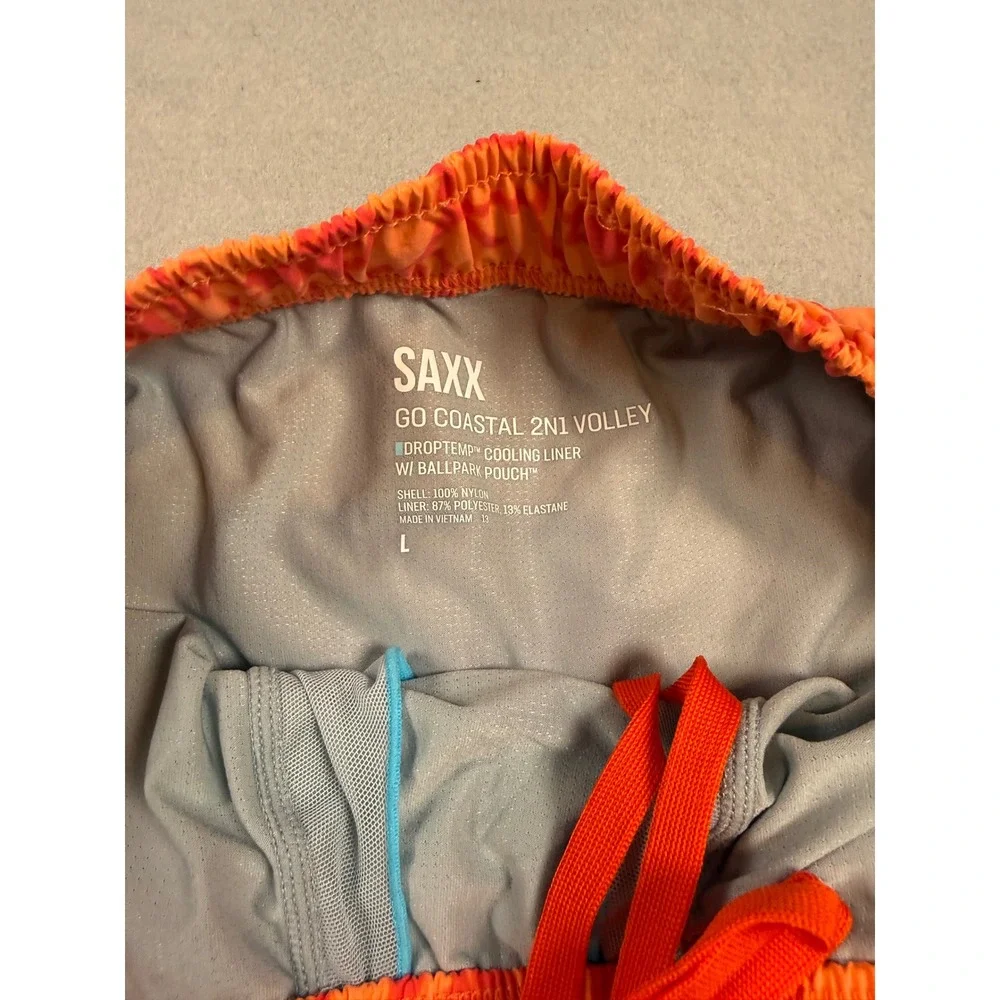 SAXX Go Coastal 2N1 Volley Swim Shorts Mens Large Orange Red Bird Print 7 Inseam